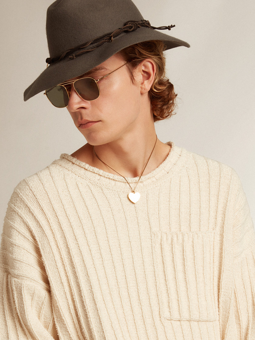 Round-neck sweater in papyrus-colored cotton-blend yarn| Golden Goose