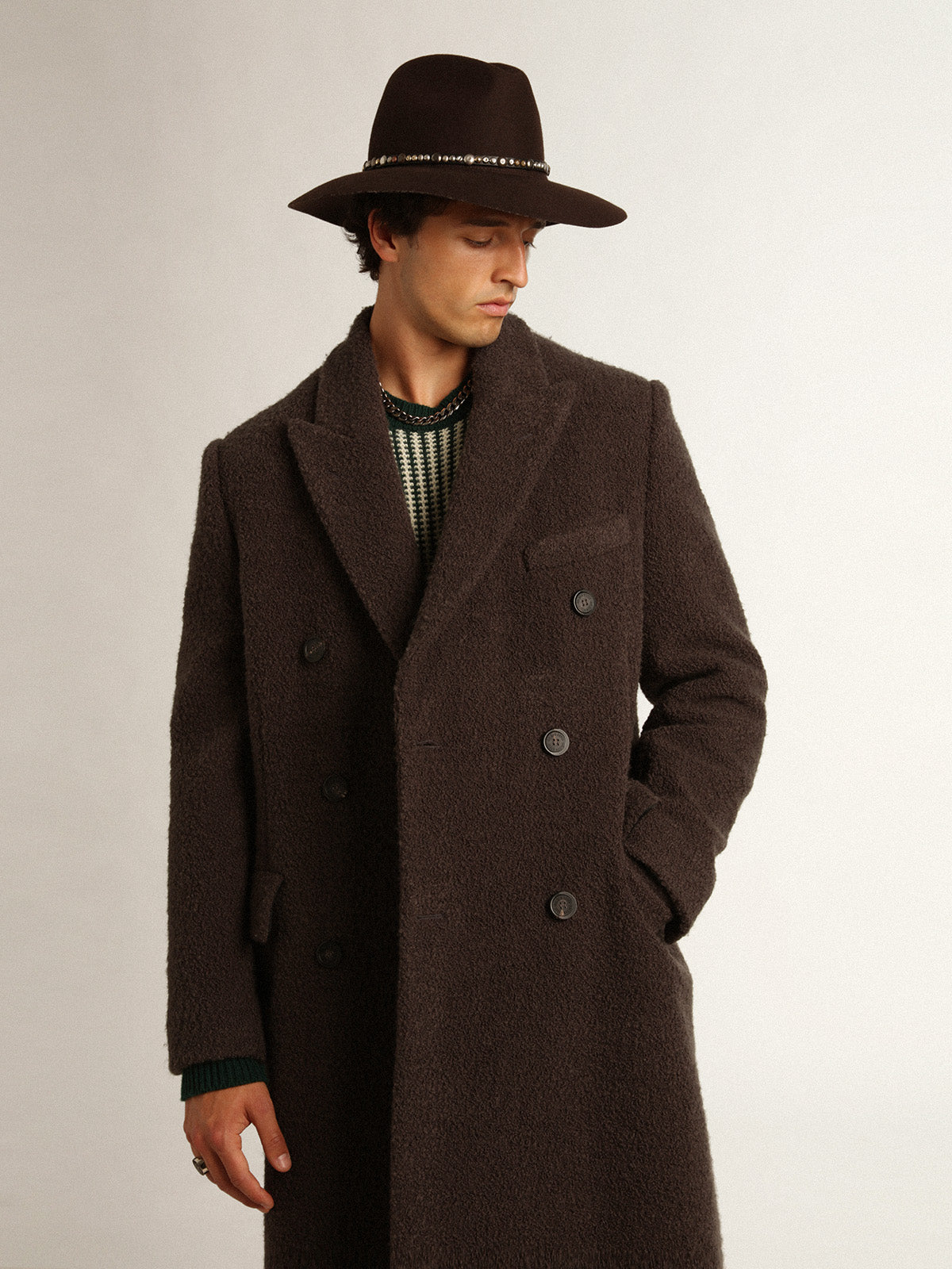 Men's double-breasted coat in licorice-colored bouclé wool| Golden Goose
