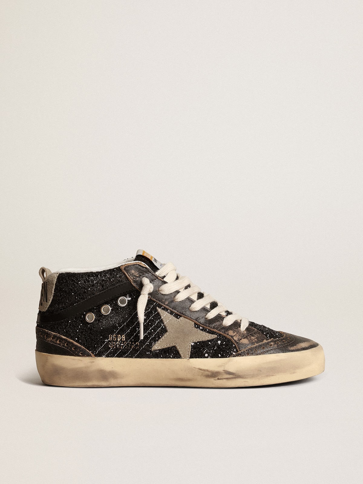 Women's Mid Star in black glitter with dove-gray suede star and heel tab| Golden Goose