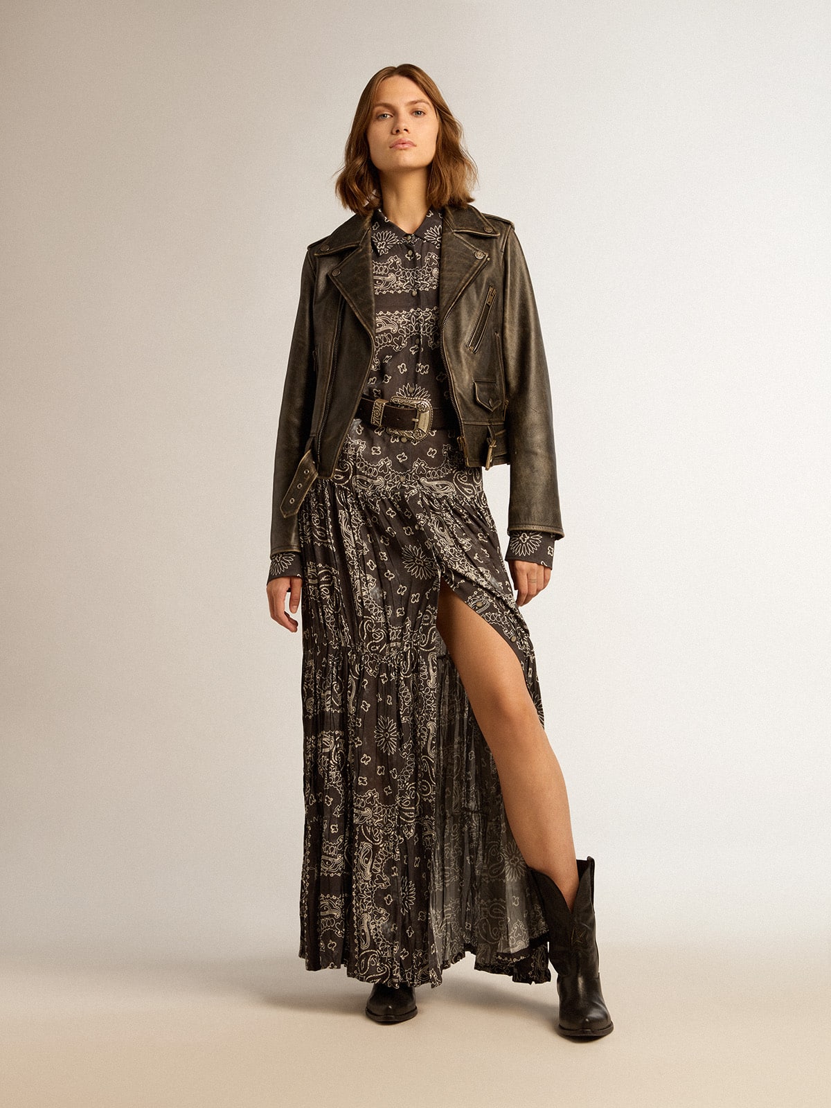 Anthracite-gray shirt dress with paisley print| Golden Goose