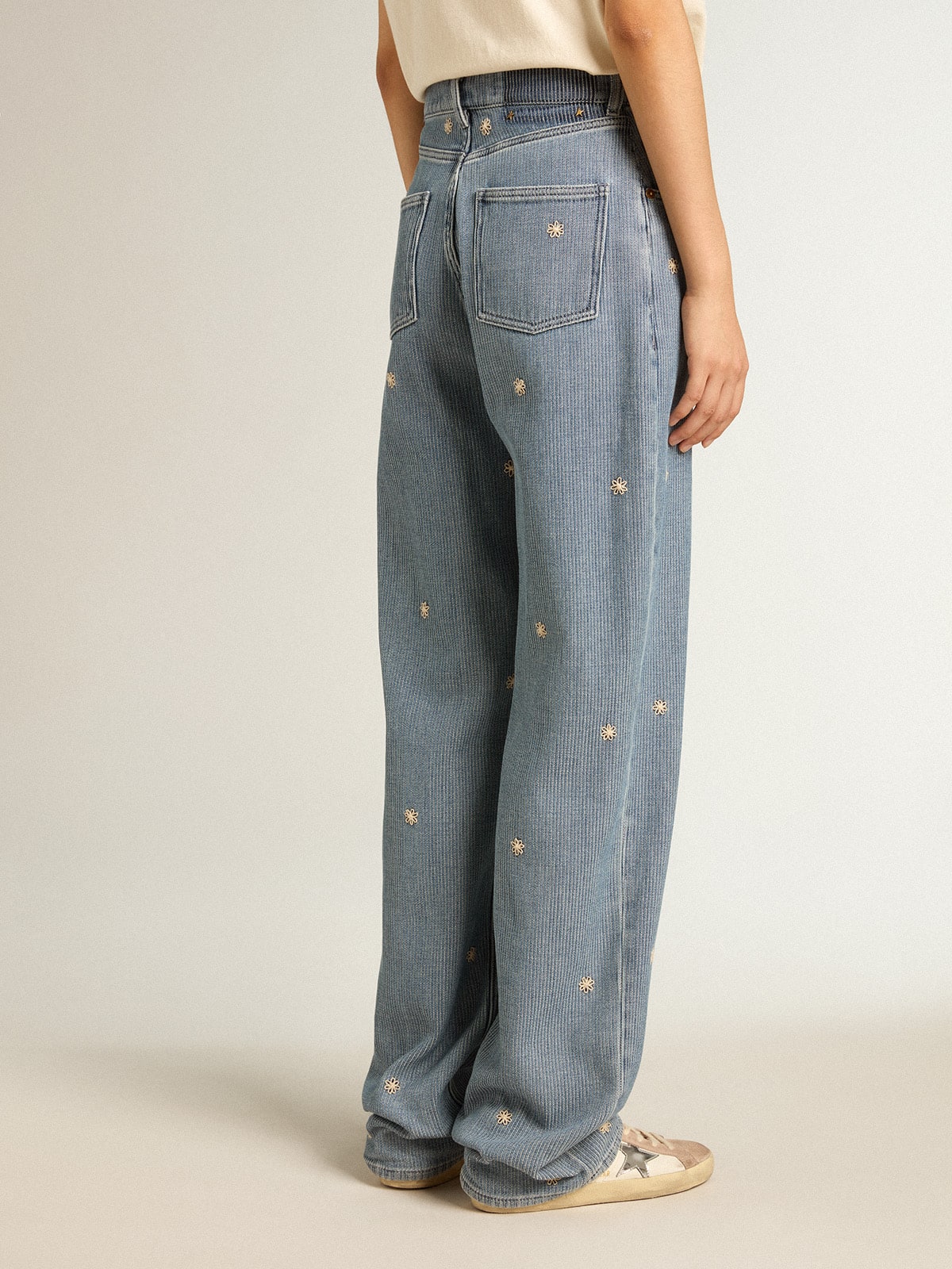 Women's cotton denim pants with floral embroidery| Golden Goose