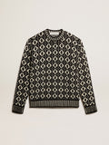Round-neck sweater with geometric pattern in vintage white and black| Golden Goose