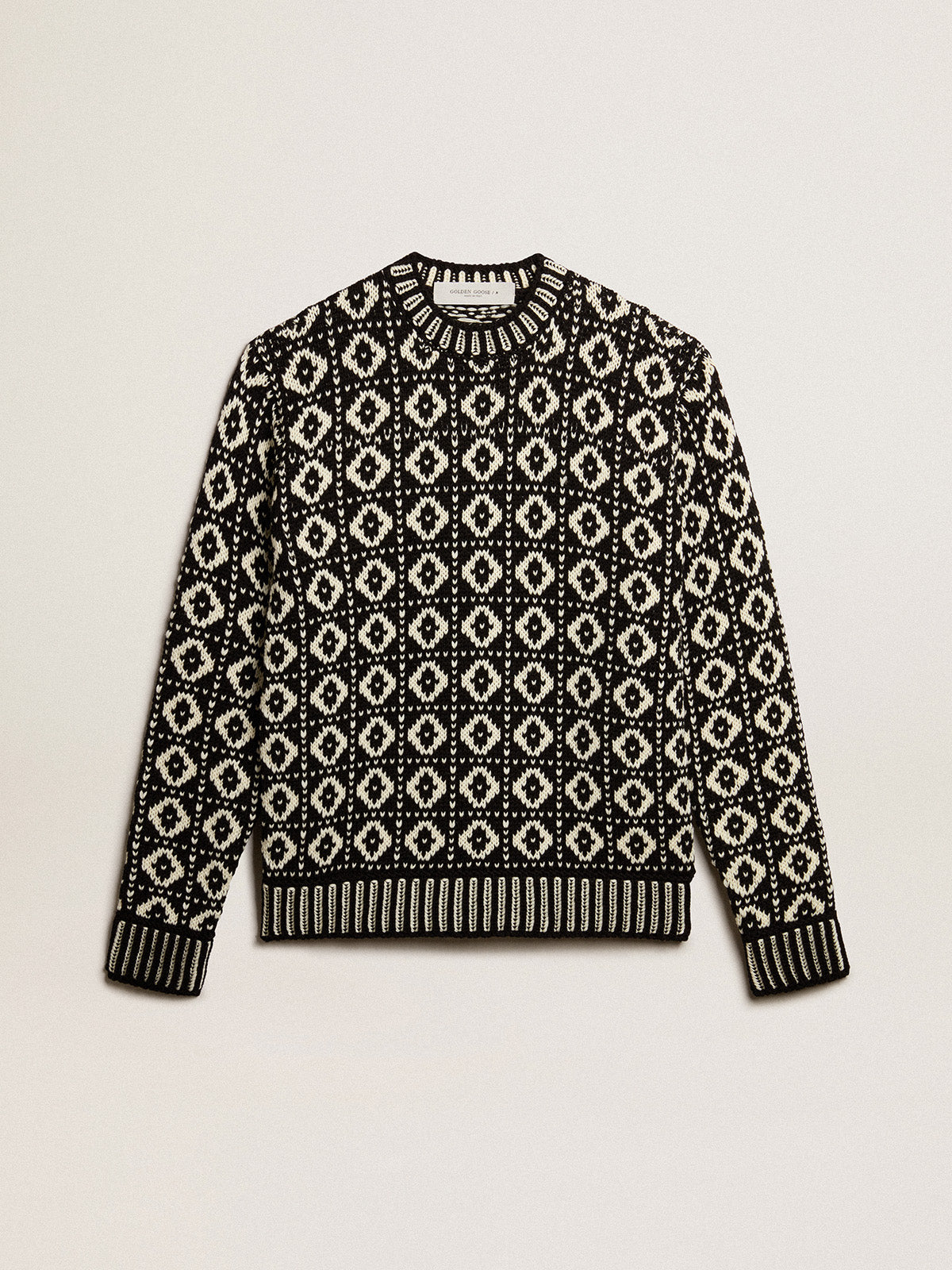 Round-neck sweater with geometric pattern in vintage white and black| Golden Goose