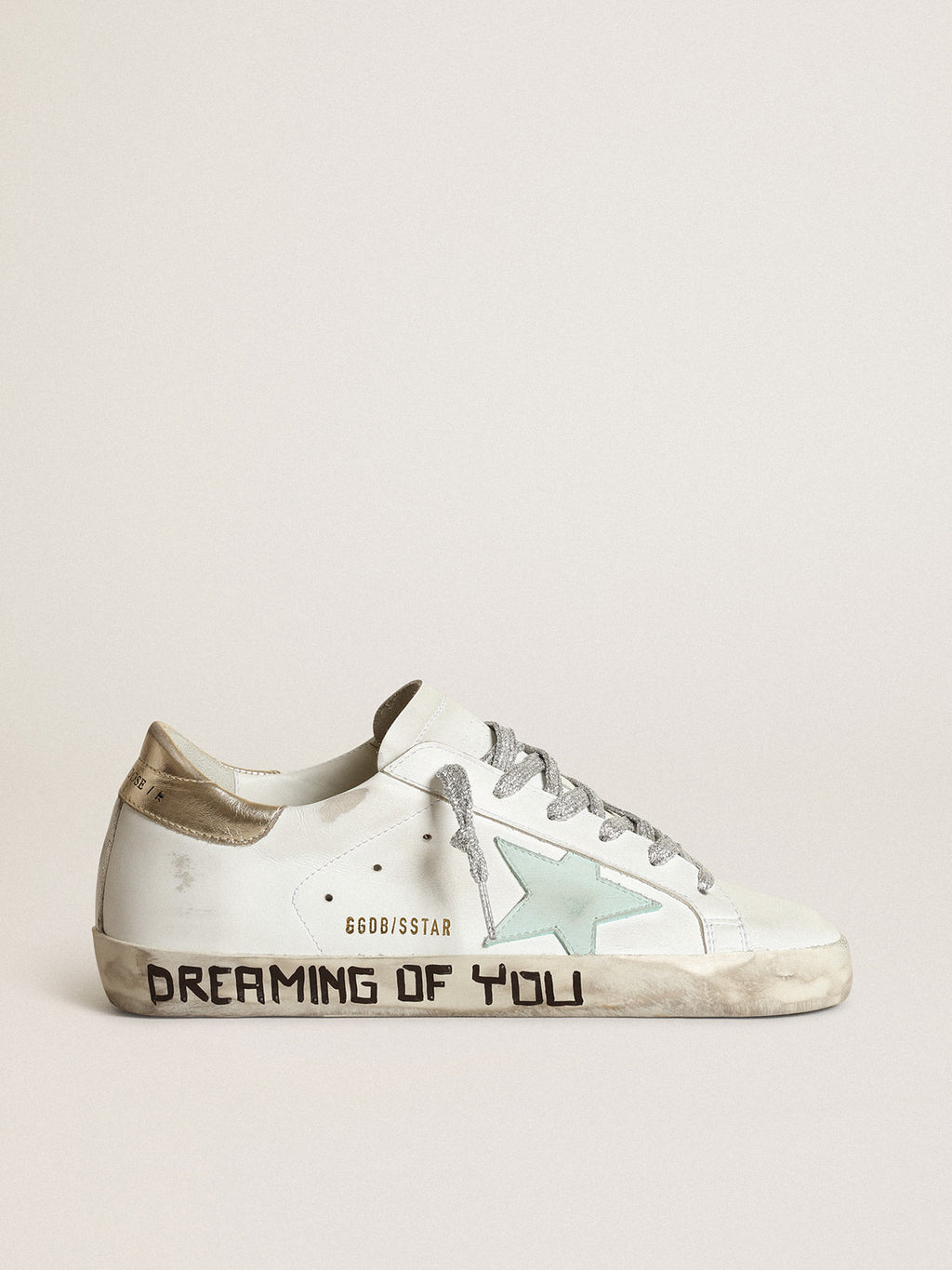 Super-Star LTD with an aquamarine star and platinum heel tab| Golden Goose