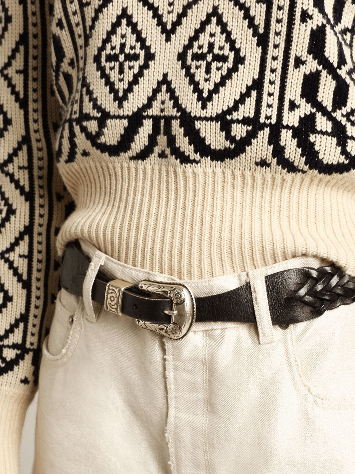 Belt in black braided leather with silver color buckle| Golden Goose