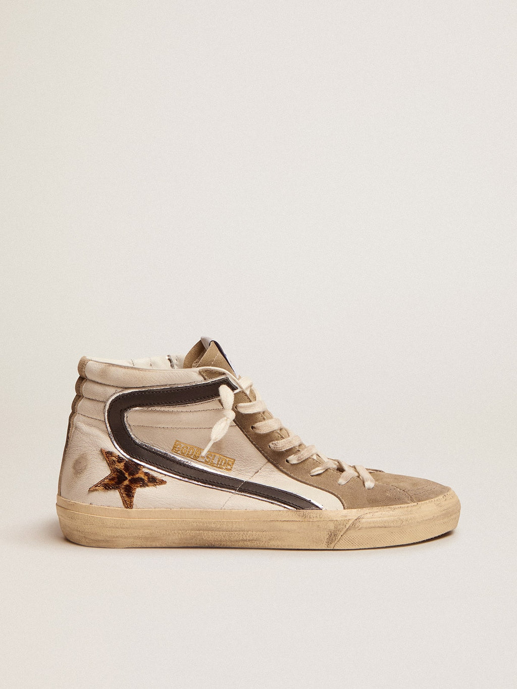 Men's Slide with leopard print pony skin star and black flash| Golden Goose