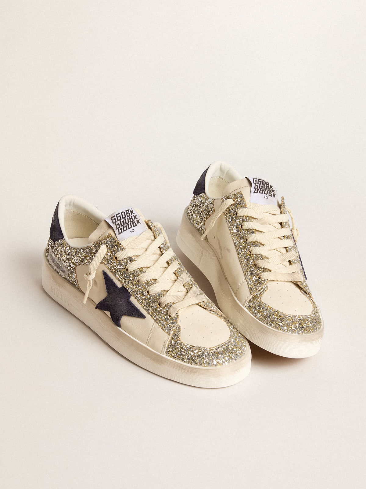 Women's Stardan in platinum glitter with dark blue suede star and heel tab| Golden Goose