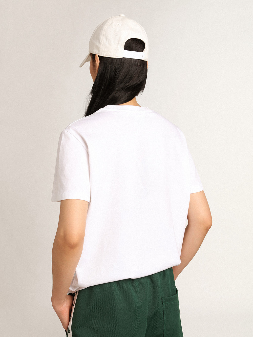 Women's white T-shirt with green star on the front| Golden Goose
