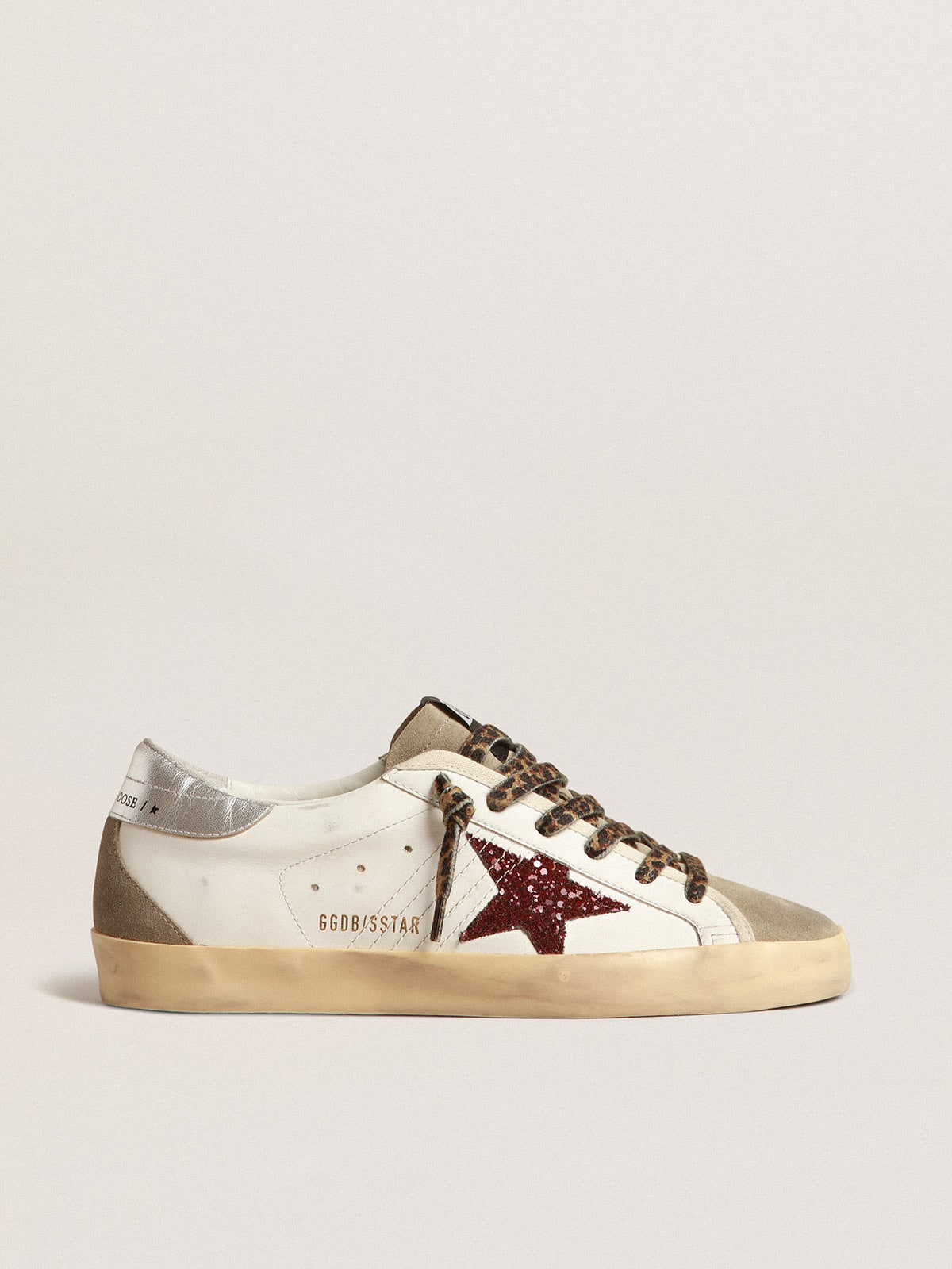 Super-Star with burgundy glitter star and silver heel tab| Golden Goose