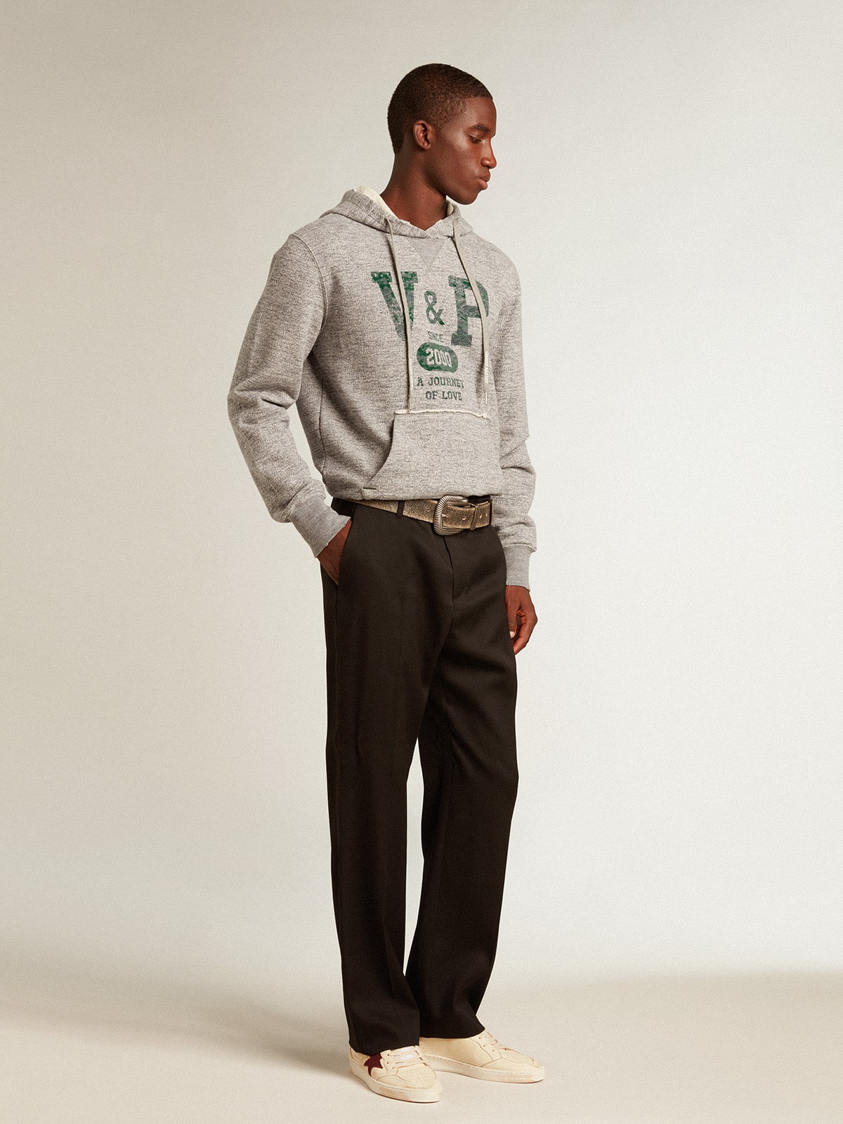 Gray hooded sweatshirt with front pocket| Golden Goose