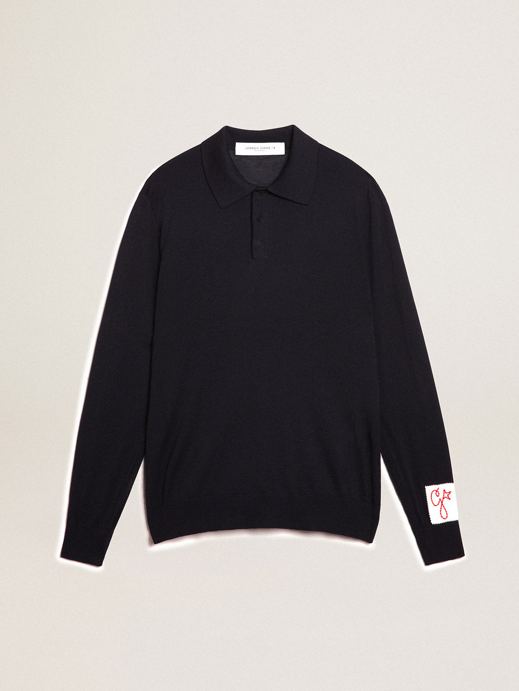 Men's long-sleeved polo shirt in navy-blue merino wool| Golden Goose