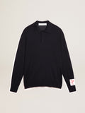 Men's long-sleeved polo shirt in navy-blue merino wool| Golden Goose