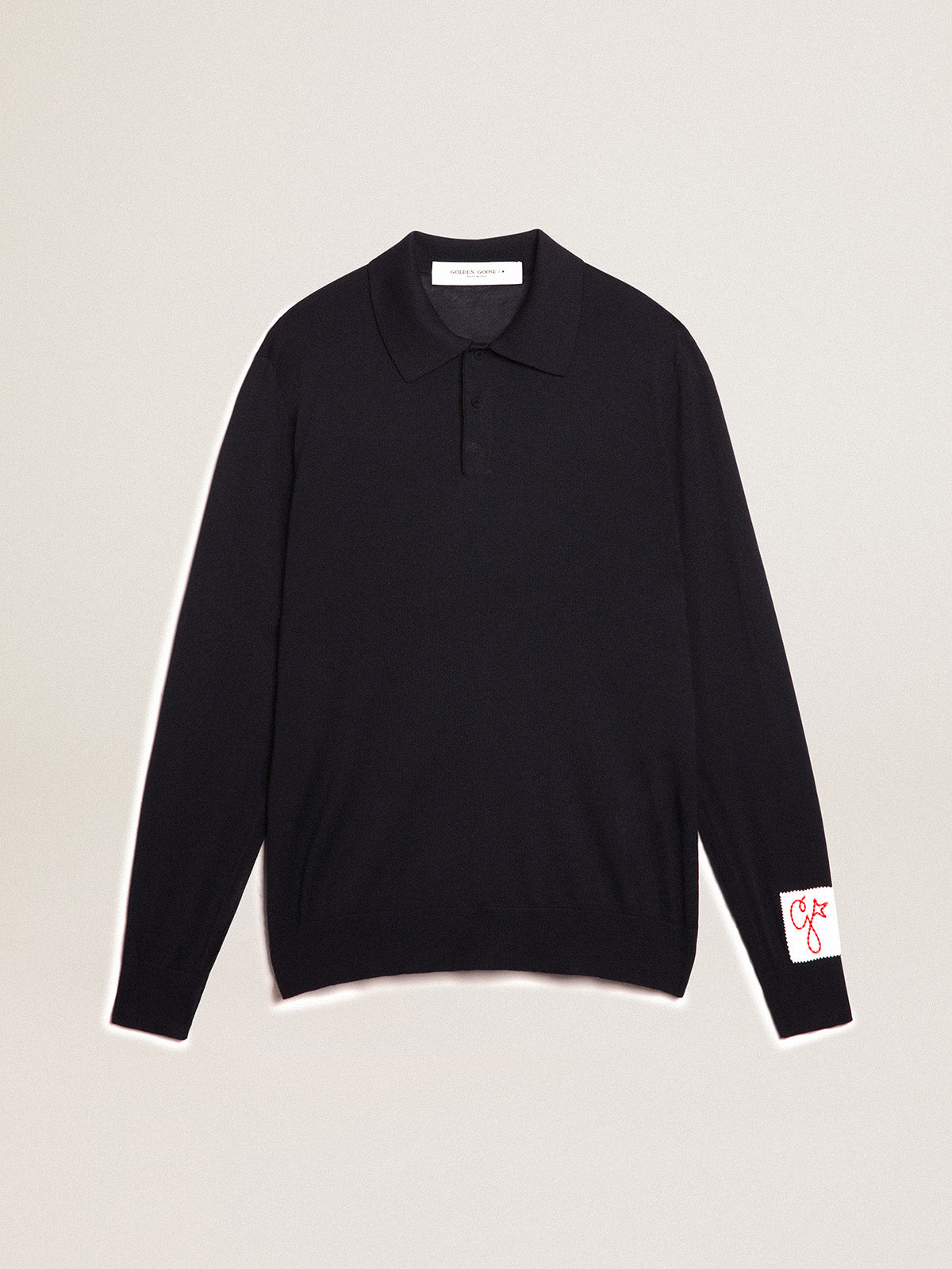 Men's long-sleeved polo shirt in navy-blue merino wool| Golden Goose