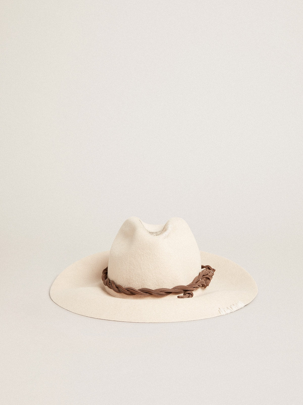 Parchment-colored fedora hat with leather band| Golden Goose