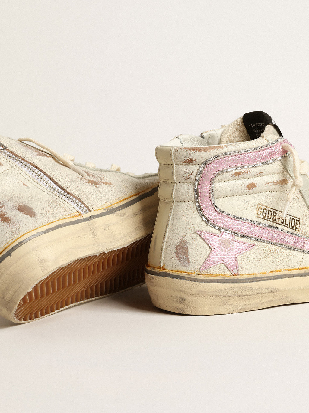 Slide LTD in beige with pink metallic leather star and flash| Golden Goose