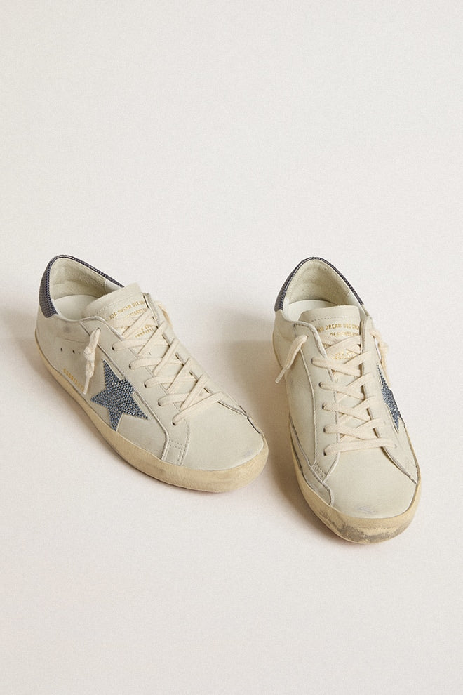 Super-Star LTD with cream-colored leather star with Swarovski crystals and blue leather heel tab with lizard print| Golden Goose
