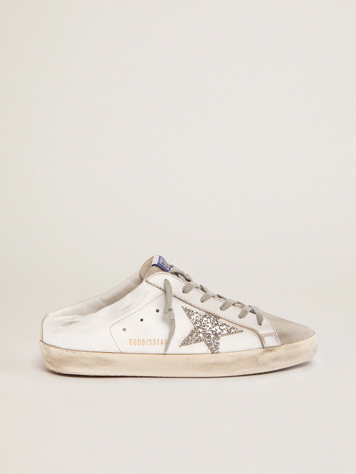 Super-Star Sabot with a platinum glitter star and suede tongue| Golden Goose