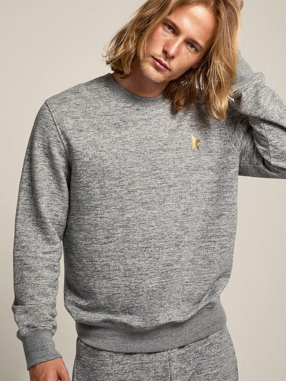 Men's mélange gray cotton sweatshirt with gold star on the front