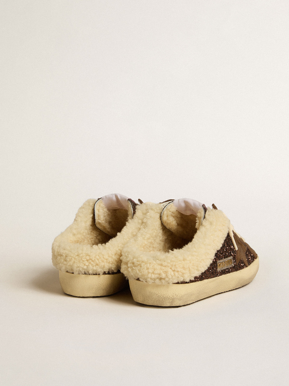 Super-Star Sabots in glitter with brown star and shearling lining| Golden Goose