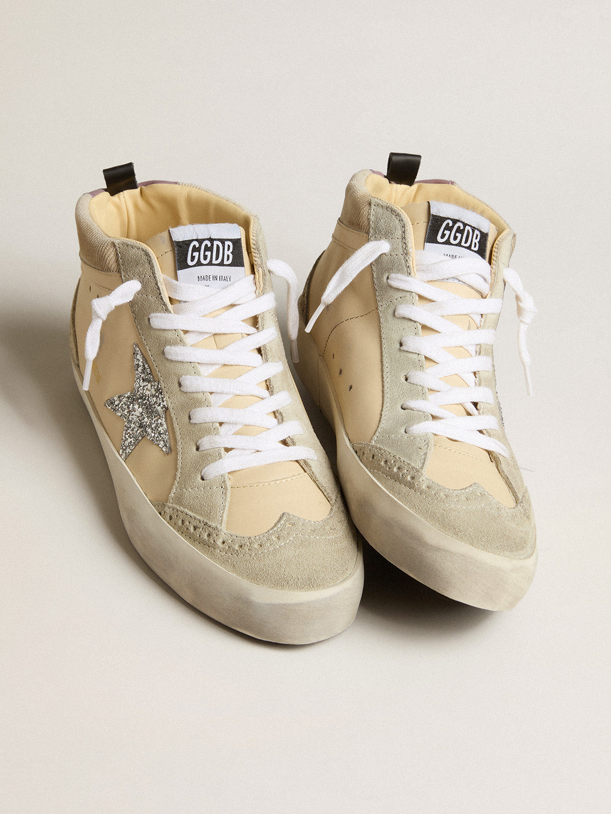 Mid Star LTD in leather and corduroy with silver glitter star| Golden Goose
