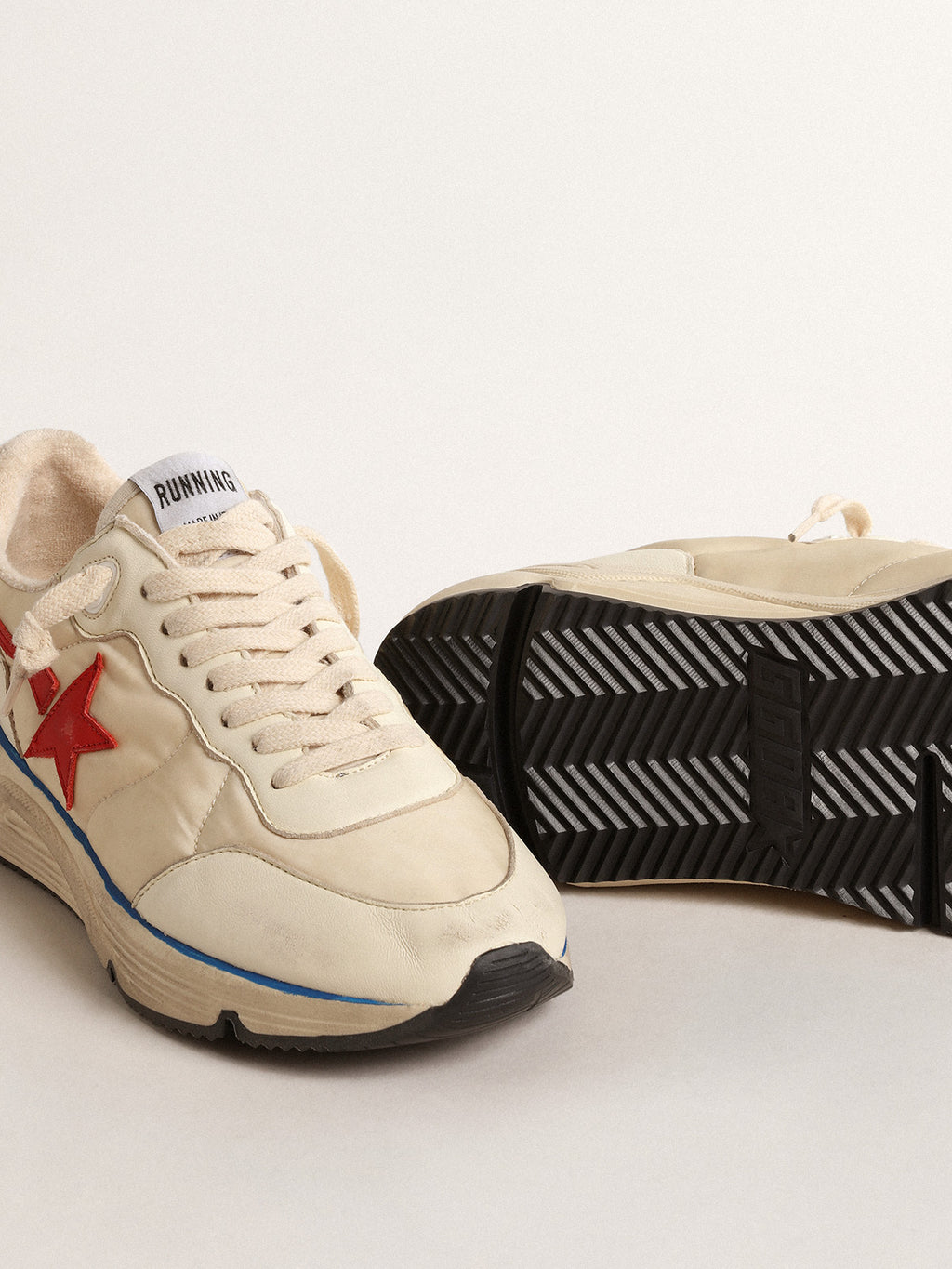 Women's Running Sole LTD in beige nylon with red leather star| Golden Goose