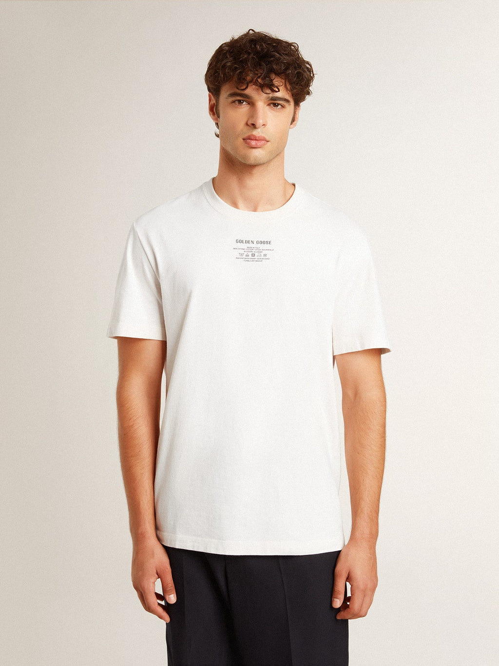 Men's worn-white cotton T-shirt with black lettering| Golden Goose