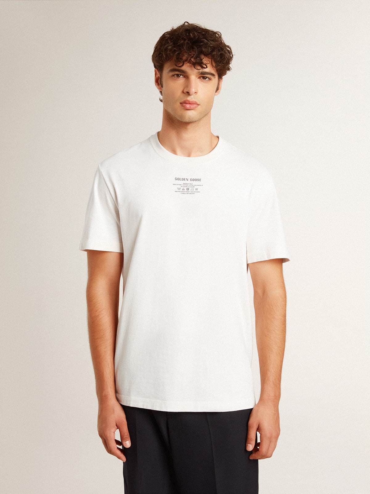 Men's worn-white cotton T-shirt with black lettering| Golden Goose