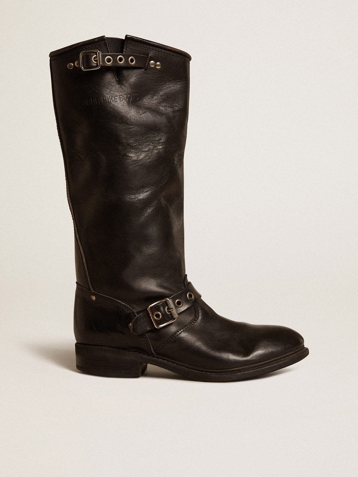 High Biker boots in black leather with silver studs and buckles| Golden Goose