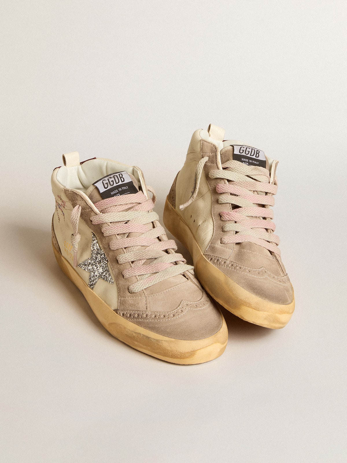Women's Mid Star in nappa leather with floral embroidery and silver glitter star| Golden Goose