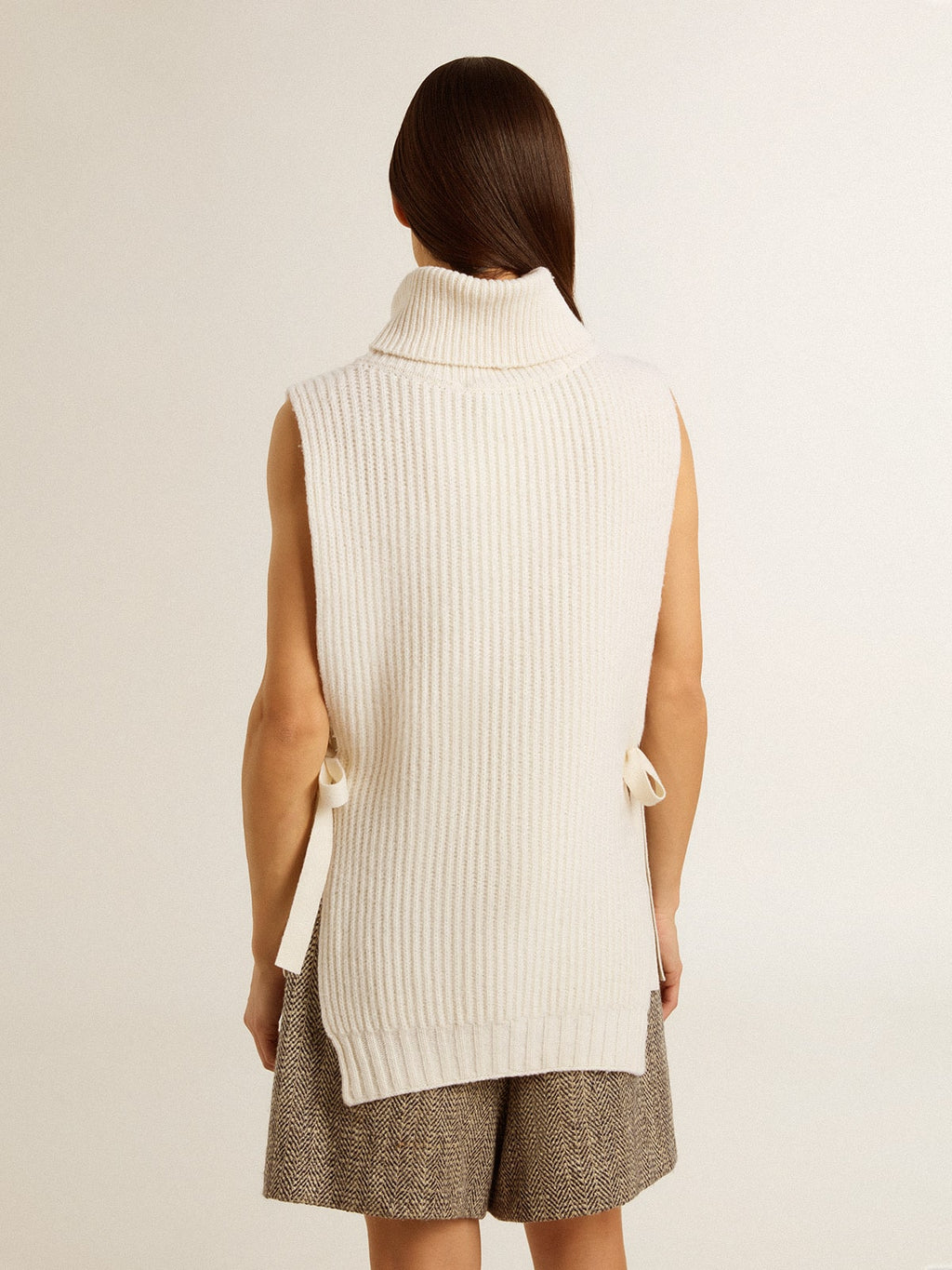 Unisex white high-neck sleeveless sweater in ribbed wool| Golden Goose