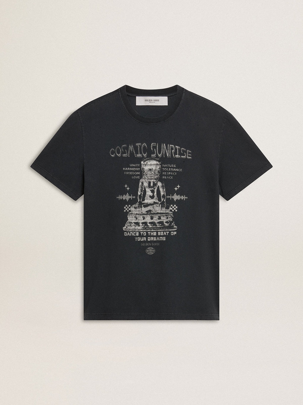 Men's worn-black cotton T-shirt with print on the front| Golden Goose