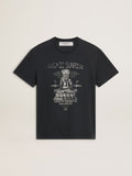 Men's worn-black cotton T-shirt with print on the front| Golden Goose