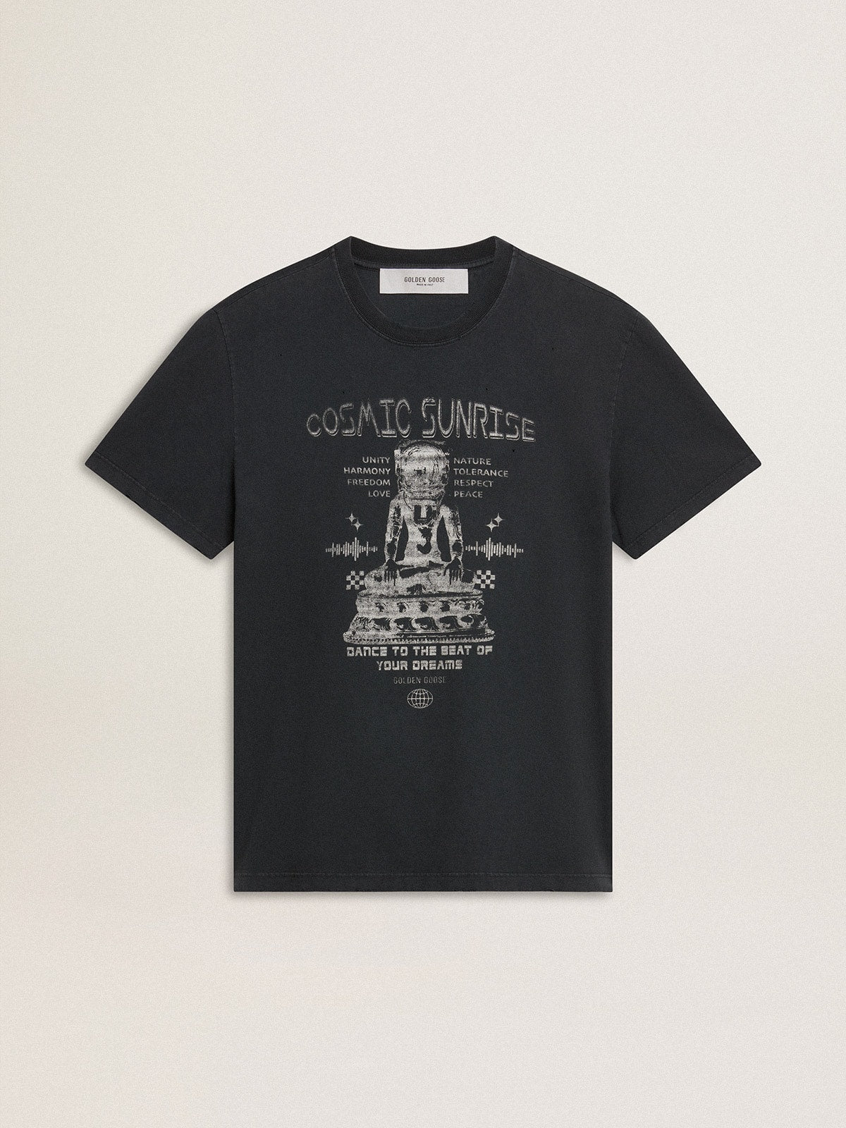 Men's worn-black cotton T-shirt with print on the front| Golden Goose