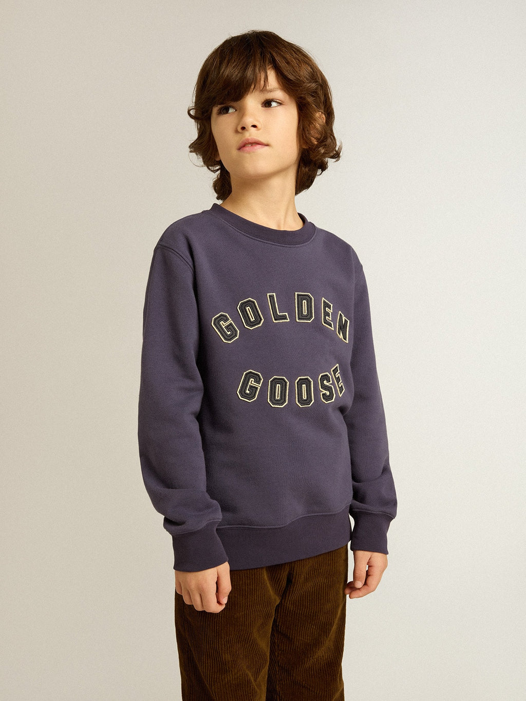 Blue-violet sweatshirt with Golden Goose lettering on the front| Golden Goose