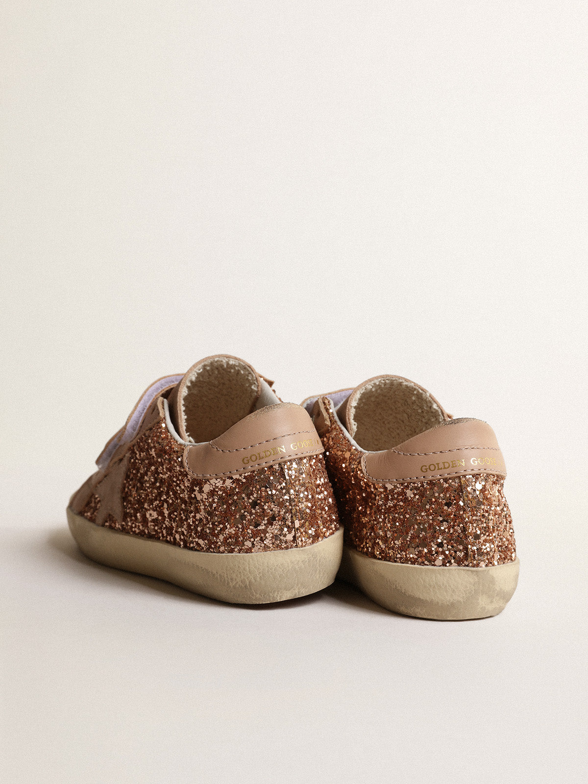 Old School Young in peach-pink glitter with pink suede star| Golden Goose