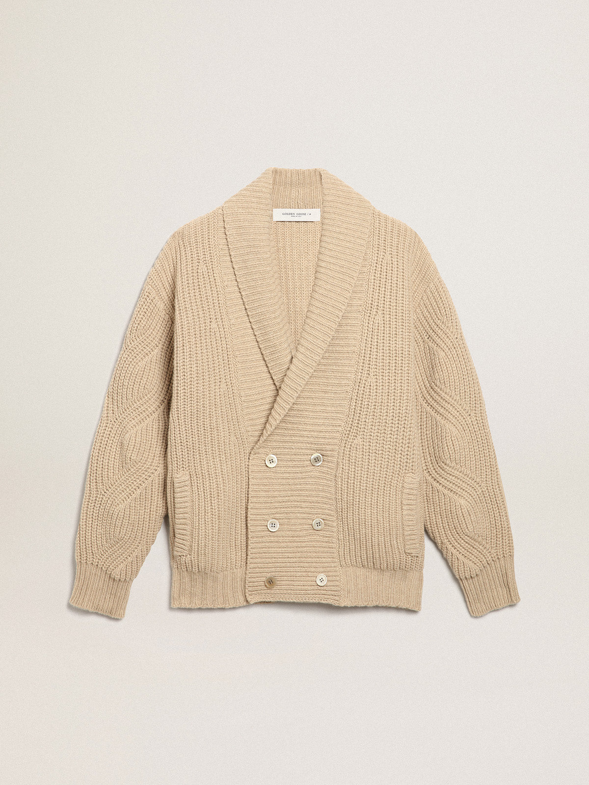 Men's double-breasted beige wool cardigan with leather patches| Golden Goose