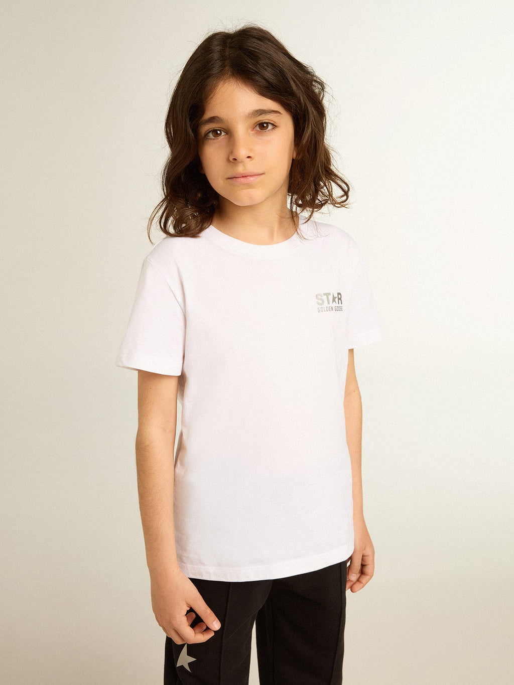 White T-shirt with contrasting silver logo on the front| Golden Goose