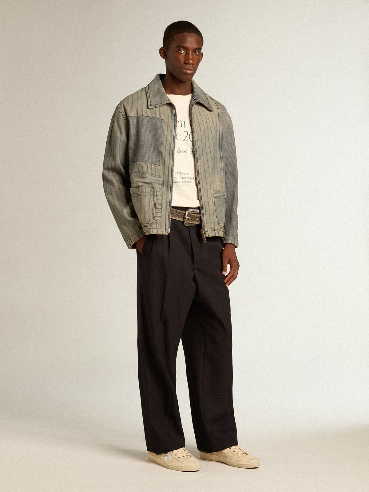 Men's denim jacket with stripes and patches on the front| Golden Goose