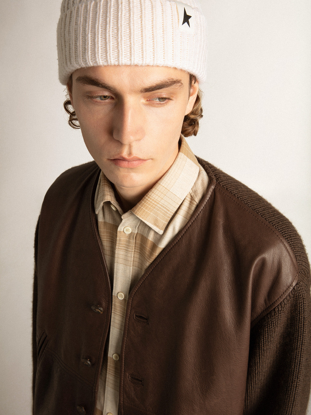 Chocolate-colored leather and knit V-neck cardigan| Golden Goose