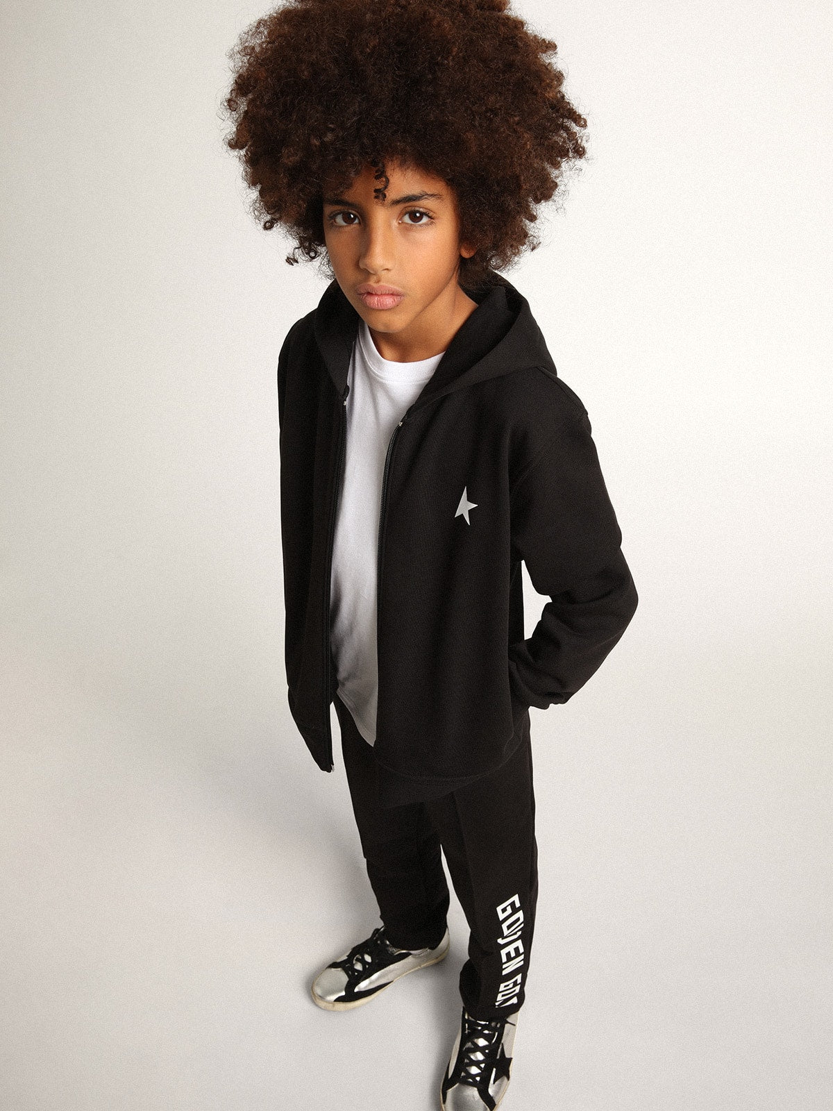 Black hooded sweatshirt with contrasting white star and logo| Golden Goose