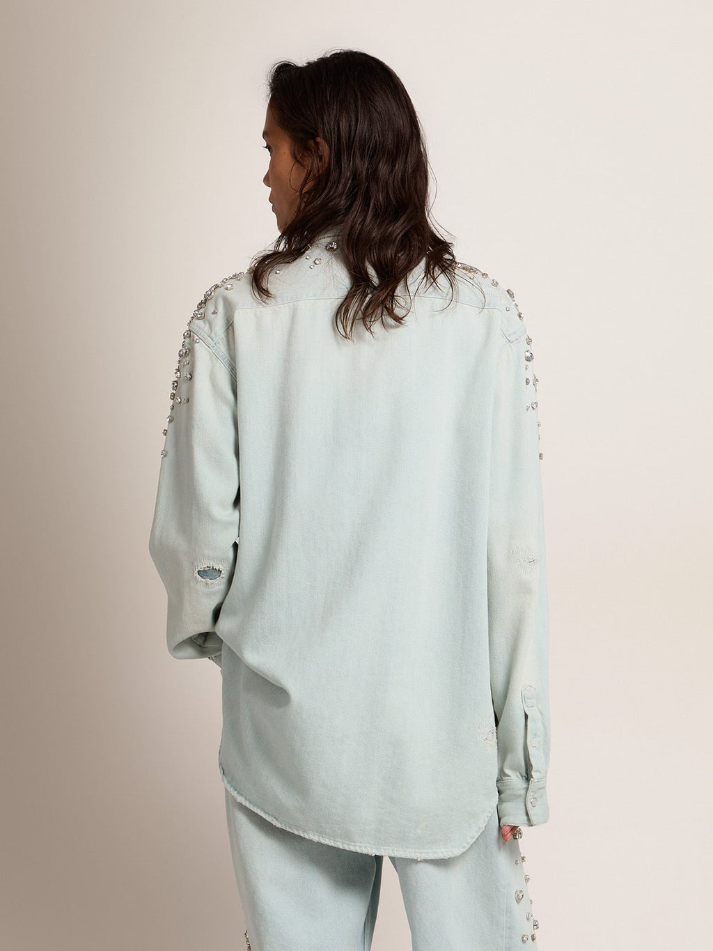 Women's bleached boyfriend shirt with cabochon crystals| Golden Goose