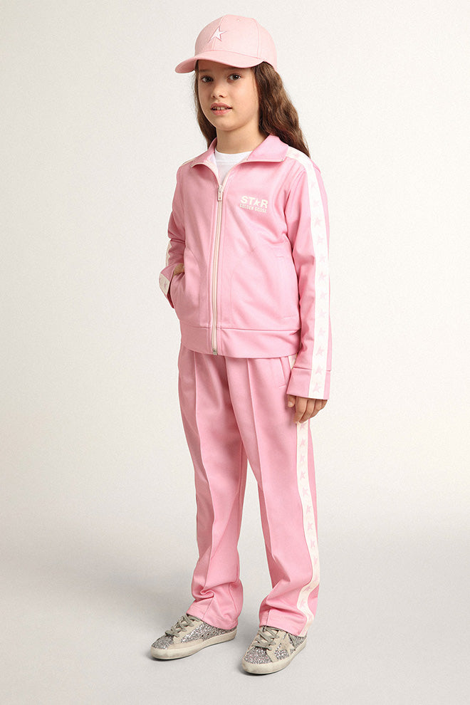 Pink zipped sweatshirt with white strip and pink stars| Golden Goose