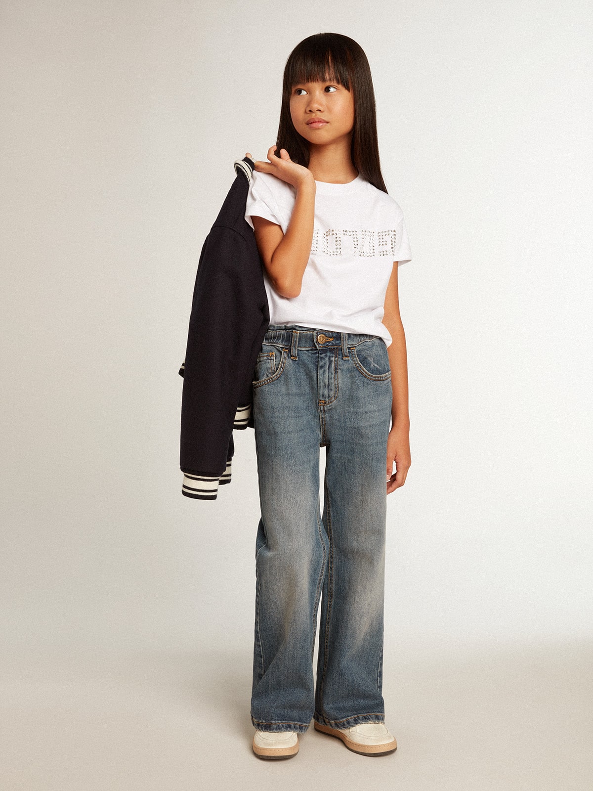 White T-shirt with central Golden lettering in crystals| Golden Goose