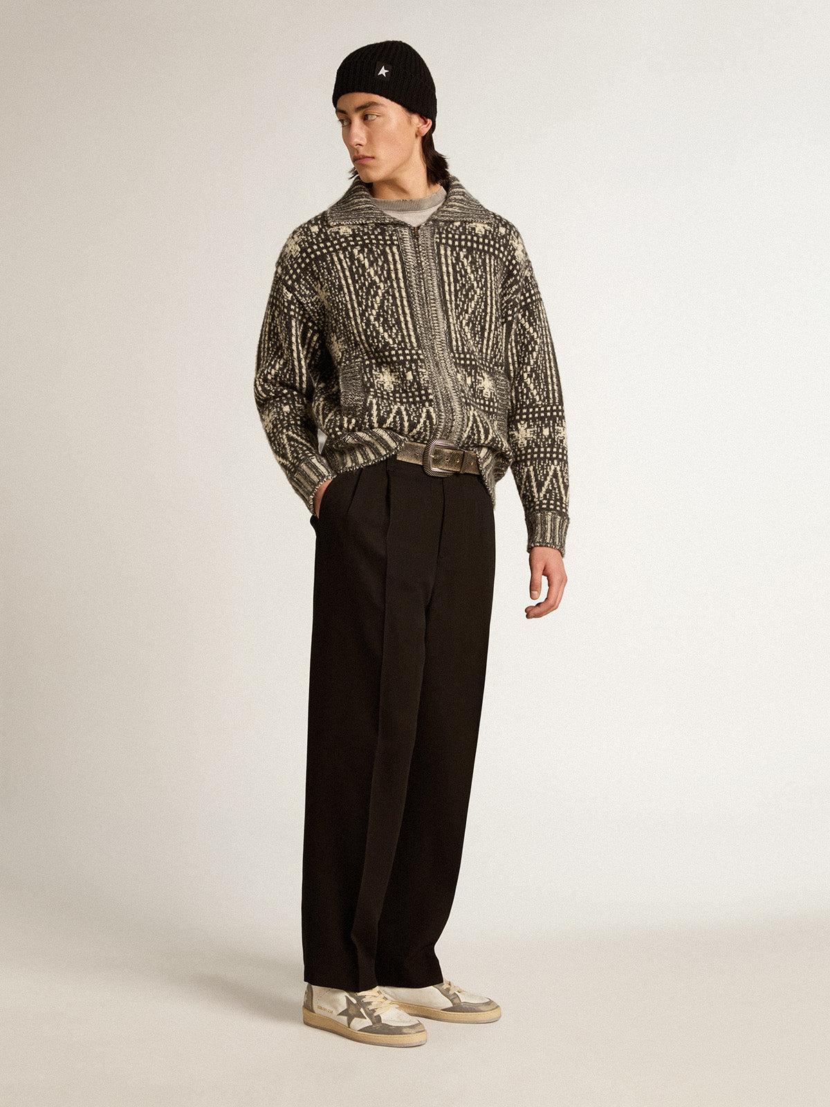 Cardigan with dark gray Fair Isle pattern| Golden Goose