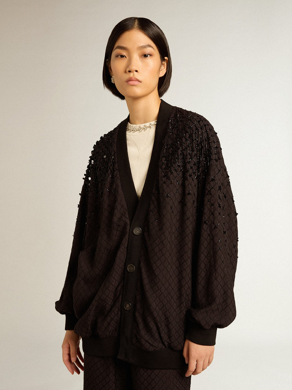 Women's black cardigan with shaded embroidery| Golden Goose