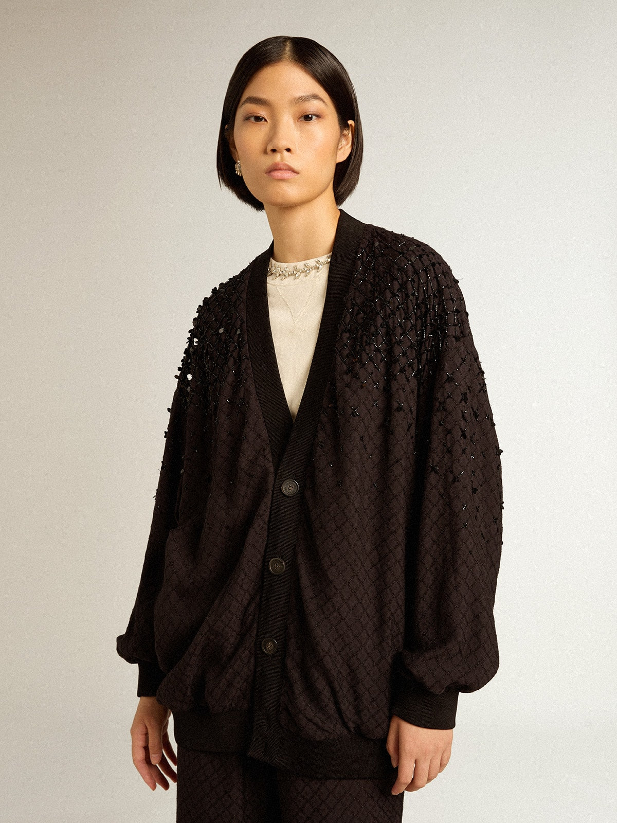 Women's black cardigan with shaded embroidery| Golden Goose