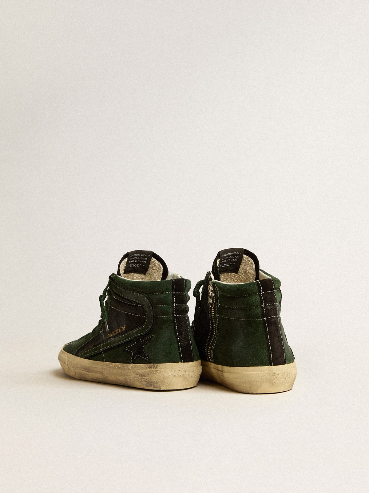 Slide LTD in green suede and black canvas with suede star and flash| Golden Goose