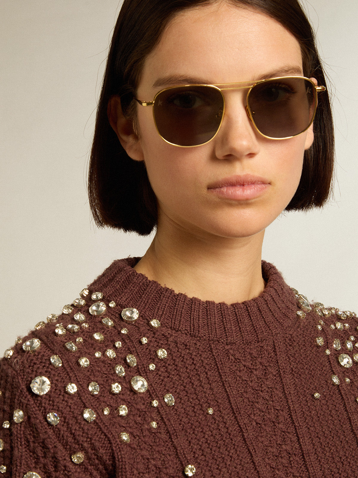 Cropped sweater in burgundy wool with crystals| Golden Goose