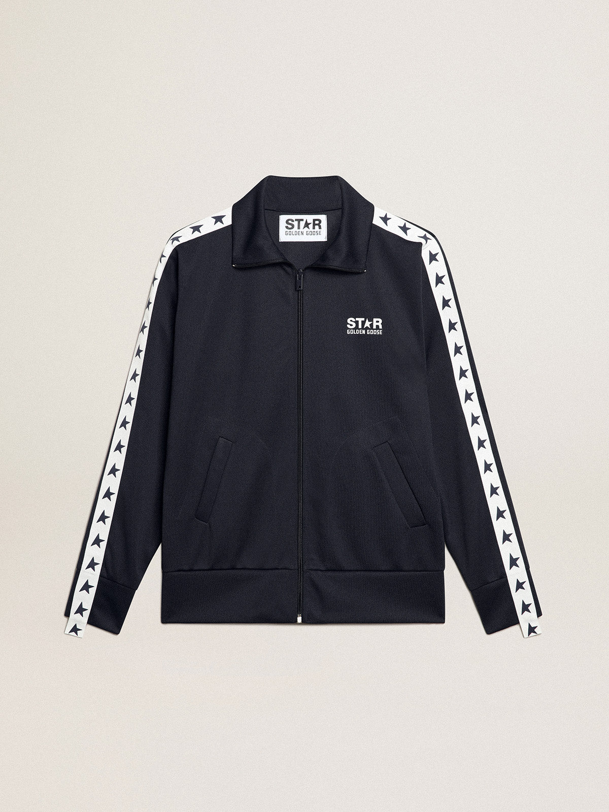 Dark blue zipped sweatshirt with white strip and contrasting stars| Golden Goose