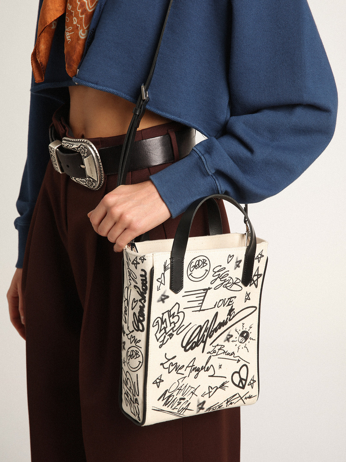 Women's Mini California Bag in white cotton with black print| Golden Goose
